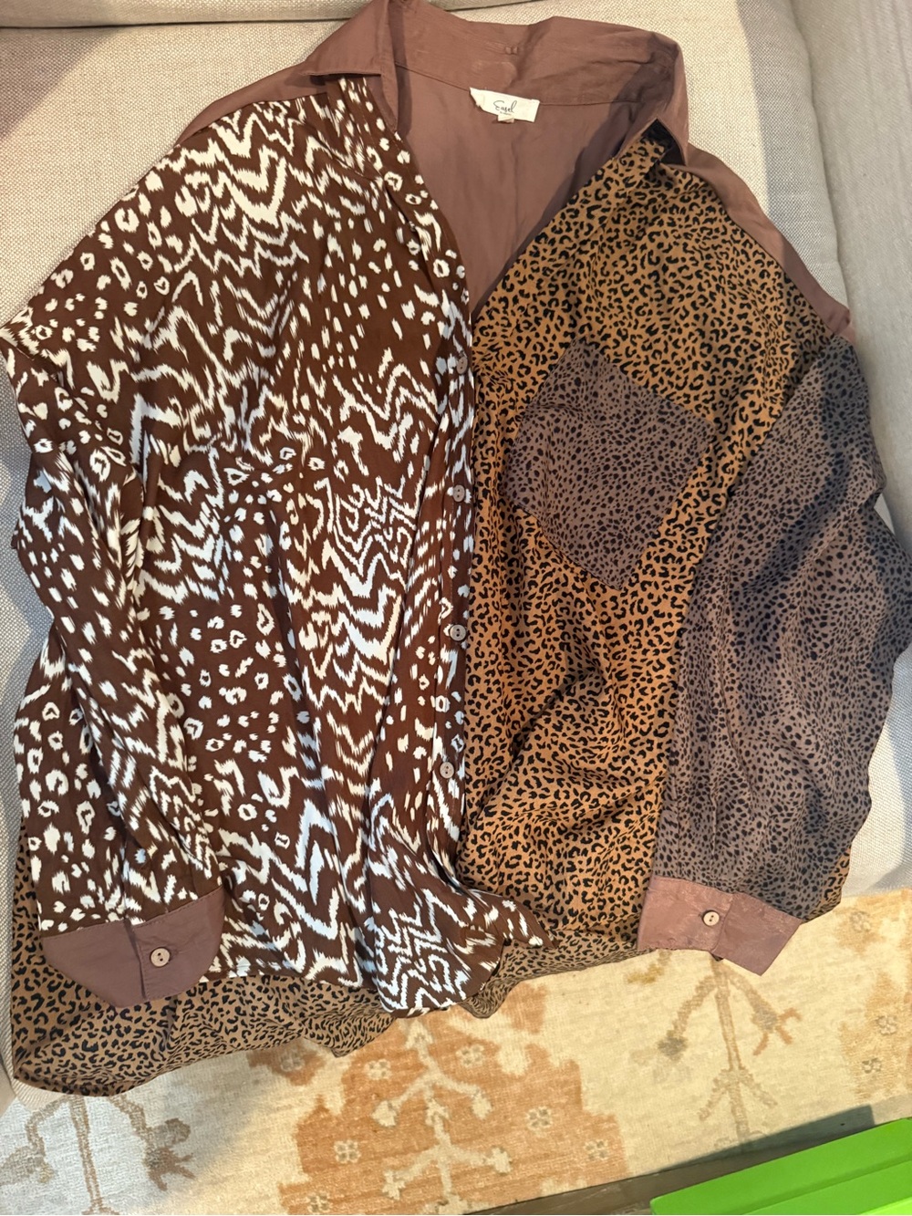 Easel Women's Brown Mixed-Print Lightweight Button down with knotted front (NWOT